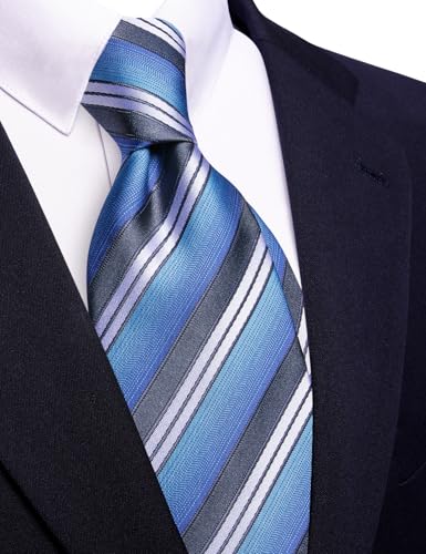 Image of Barry.Wang Silk Men Ties Formal Stripes Necktie and Tie Clip for Wedding Party Business Fashion Classic