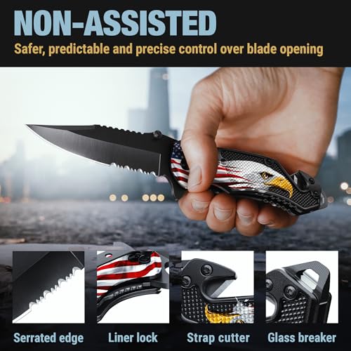 Image of GOOD WORKER Legal Pocket Knife with 2.95 inch Serrated Blade, Glass Breaker, Seat Belt Cutter - EDC Sharp Folding Knives with Portable Clip - Small Tool for Tactical Camping Survival Hiking - Gifts for Men, Women