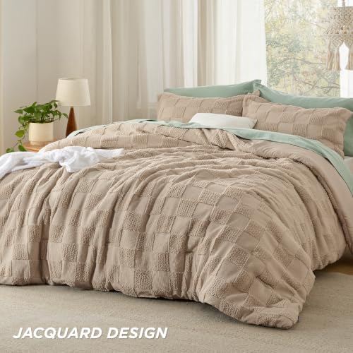 Image of Bedsure Full Size Comforter Set Khaki, Boho Tufted Bed Set, Checkered Farmhouse-Style Distressed Vintage Bedding, 3 Pieces, 1 Plaid Geometric Comforter and 2 Pillow Shams