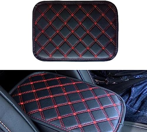 Pack-1 Car Center Console Cover Pad, PU Leather Auto Armrest Seat Box Protector Set, Double Line Square Waterproof Center Console Mat, for Most Vehicle, SUV, Truck Interior (Black & Red)