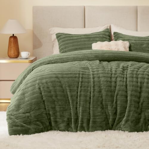 Image of BEDELITE Faux Fur Queen Comforter Set, Fluffy Bed Set, Olive Green | Super Soft & Warm, Luxury Fuzzy Cozy Comforter for Winter, Heavy Plush Bed set, with 2 Pillowcases
