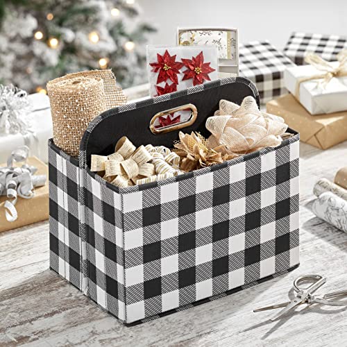 mDesign Holiday Storage Box for Gift Wrapping and Bows with Compartments and Handle - Christmas Organizer Tote for Ribbons - Divided Container for Crafts and Stationary - Buffalo Plaid, Black/White