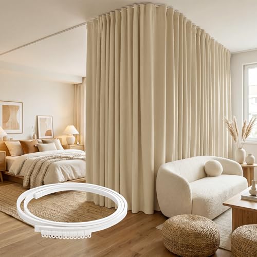 Image of RYB HOME Extra Wide Room Divider Curtains with Flexible Track, Blackout Floor to Ceiling Curtains with Hooks for Bedroom /Living Room /Basement Ceiling&Wall Mount, Biscotti Beige, W120 x L96, 1 Panel