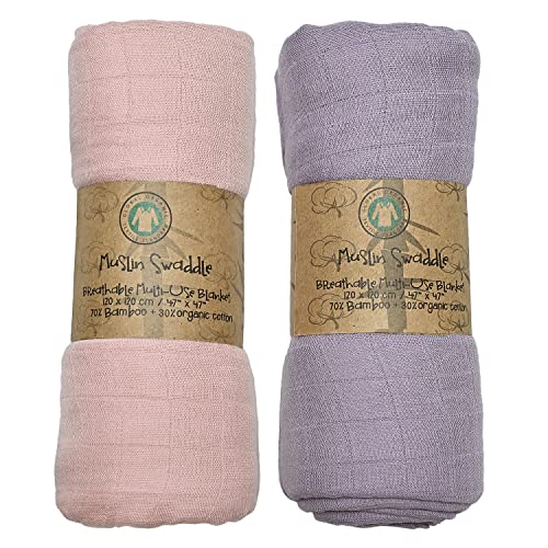 Image of Baby Muslin Swaddle Blankets - Baby Swaddle Blanket for Baby Girl and Baby Boy, Soft Organic Bamboo Cotton Muslin Blanket, Light Breathable, Swaddle Wrap Receiving, 2 Pack, 47 x 47 Inches