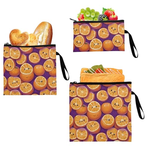 KLL Pack of 3 Reusable Zipper Snack Bag Eco-friendly Food Storage Bags for Camp Friends and Gear Cute Oranges Fruit