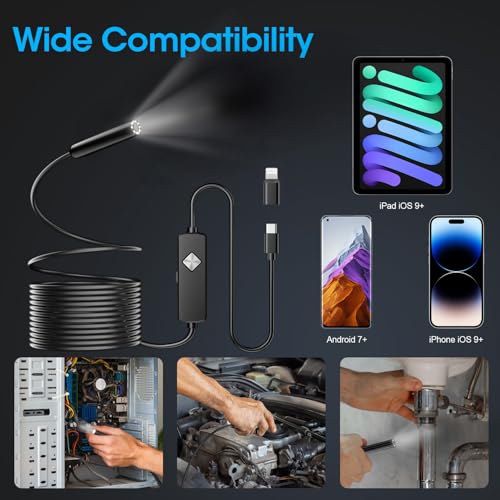 Image of Endoscope with Light, 1920P HD Borescope with 8 Adjustable LED Lights, Semi-Rigid Snake Camera, IP67 Waterproof Inspection Tool for iPhone & Android - 16.4FT-Single Lens (Black)