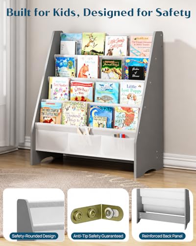 Image of SEIRIONE Sturdy Kids Bookshelf, 4-Tier Book Shelf for Kids Room with Oxford Fabric-Nursery Room Playroom Classroom, Deep Slings to Keep Books Upright, Ideal Height for Toddler Age 3+, Grey
