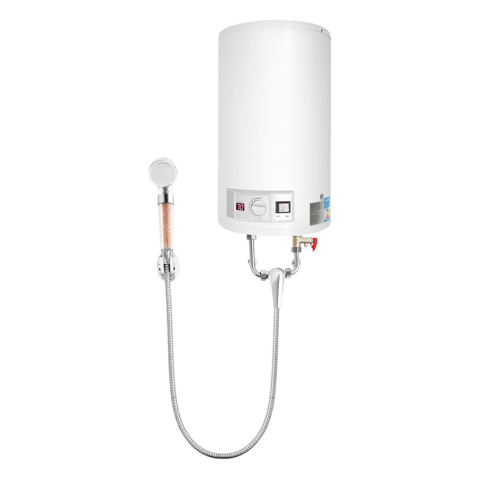 Riscaldatore istantaneo, scaldabagno elettrico da 35 l, riscaldamento in acciaio inox da 2000 W, regolazione della temperatura 25 – 75 °C, protezione dall'acqua IPX4, con set doccia e accessori di