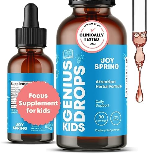 Organic Focus Drops for Kids – Attention and Focus Supplement with Ginkgo Biloba – Genius Drops Focus Supplement for Kids – Clinically Tested Attention and Focus for Kids & Teens – Kids Focus 1 Oz