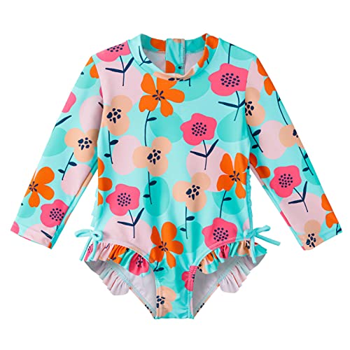XFGIRLS Maillot de Bain à Manches Longues pour Filles - 6 Ans - 6 Ans, Fleur Bleu Cyan, 5-6 Ans Cover