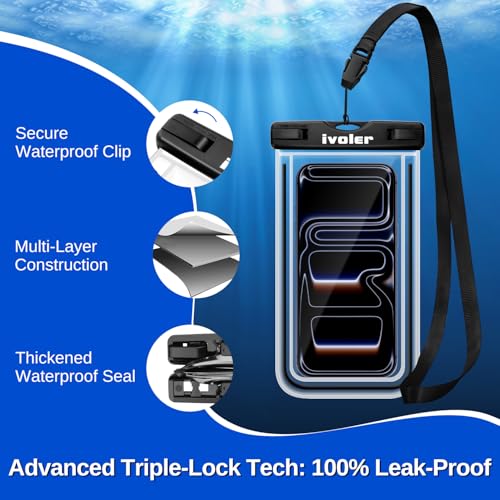 Image of ivoler 2-Pack Waterproof Phone Pouch, Cell Phone Dry Bag for iPhone 17 /16 /15 Pro Max, Samsung S26 /S25 Ultra, Waterproof Phone Case for Beach, Cruise Essentials & Travel, [Fit Up to 7''], Black+Black