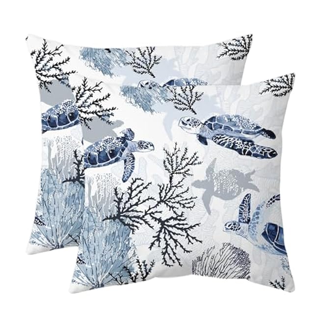 weesire Nautical Coastal Throw Pillow Covers Set of 2 Beach Themed Ocean Coral Sea Turtle Decorative Pillow Cases Outdoor Sofa Cushion Cover for Bedroom Living Room, 18x18, Blue