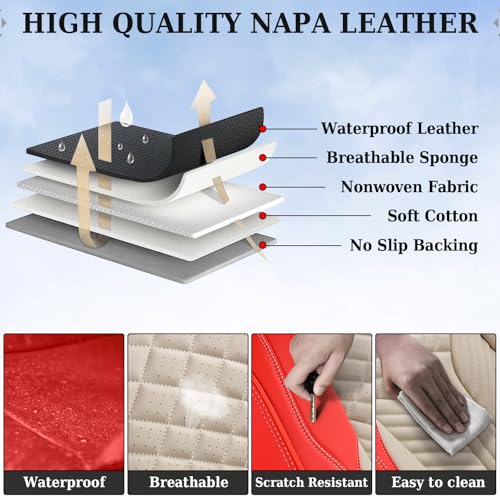 Image of Coverado Leather Car Seat Covers Full Set, 5 Seats Seat Covers for Cars, Waterproof Car Seat Cushions, Front and Rear Seat Protectors Universal Fit Most Vehicles (Red&Beige)