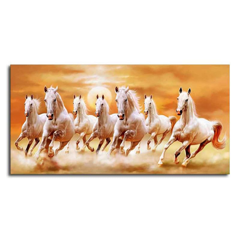 Image of Wall Melody Beautiful Seven Running Horses Canvas Big Wall Painting Floating Frame Wall Paintings for Home and Office Decor Size : 24x48 Inches