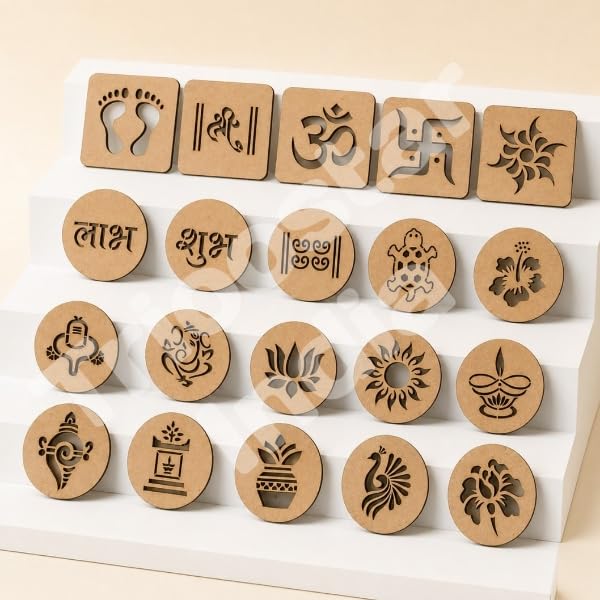 Premium Wooden Rangoli Stencil Set of 20 | Auspicious Hindu Symbols, Om, Swastik, Shubh Labh, Ganesh & Lakshmi Charan Designs | Reusable Festival Decoration Stencils for Home, Temple & Puja Room-image-40