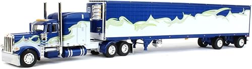 DCP 1/64 Azul, Plata y Lima Peterbilt 389 63" Cama de techo medio con remolque refrigerado de eje extendido acanalado utilidad 60-1457