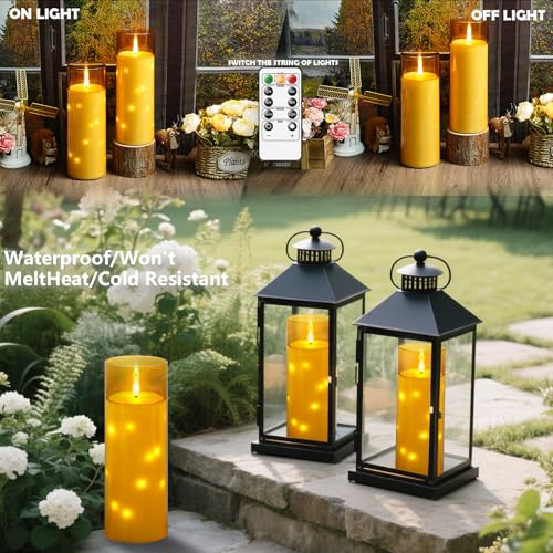 Image of kakoya 11 inch x 4 inch Large Outdoor Waterproof Flameless LED Candles with Remote and Timer,Acrylic Pillar Candles Battery Operated with Embedded Star String for Porch,Patio,Outdoor Decor,Set of 2(Gold)