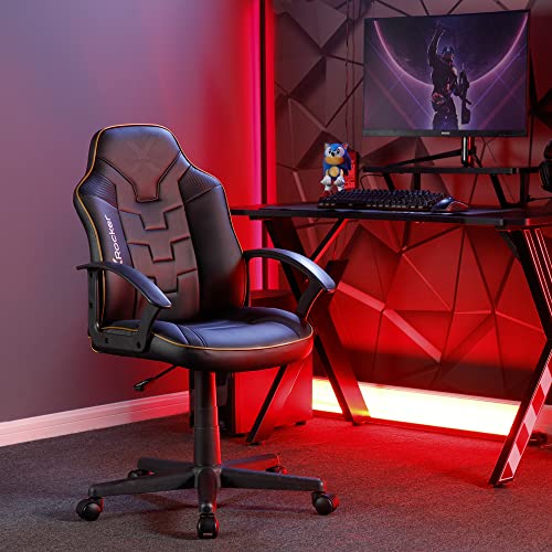 X-Rocker Saturn Mid Back Compact Gaming Chair for Kids & Teens - Ergonomic Comfortable Height Adjustable Wipe-Clean Faux Leather - Black/Gold