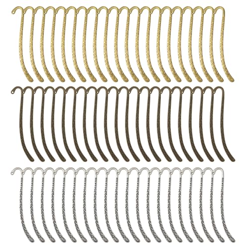 60pcs Metal Bookmark Hooks with Beaded Blanks Vintage Retro Beading Line Tibetan Carving Pattern Alloy Hook Bookmarks with Hole for Stationery Reading Enthusiasts Teacher DIY Gifts