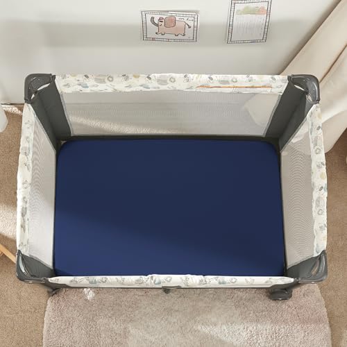 Image of TILLYOU Mini Crib Fitted Sheets 2 Pack - Soft Jersey Knit Microfiber Playpen Bedding Sheet for Baby, Portable Mini Pack n Play Sheet, Machine Washable, 38'' x 24'',Light Gray & Navy Blue