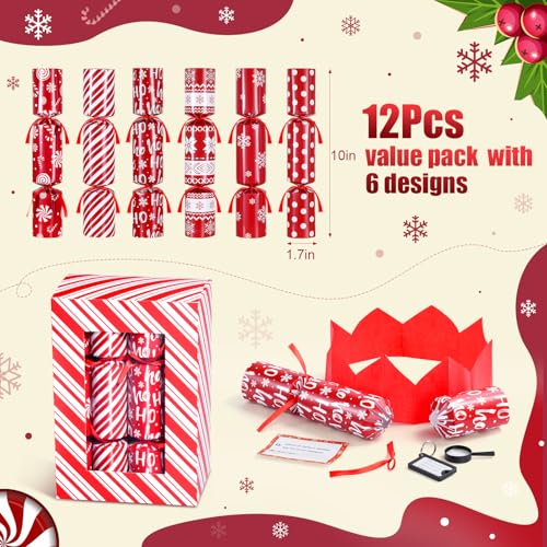 Zachely ZH24095 12 Pack Christmas Party Favors Non-Snap, Red And White Snowflake Design With Party Hat, Joke, Little Gifts, 6 Styles Christmas Party Crackers With Gifts For Kids And Adults Holiday Winter Dinners thumb #1