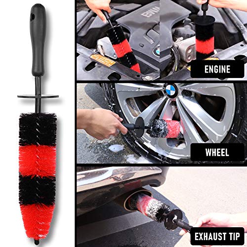 6 PCS Car Wheel Brush Cleaning Set, 16.5 Inch Long Soft Bristle Tire Brush and 5 Different Sizes Detailing Brush Kit For Washing Wheels Rims Exhaust Tips Vehicle Engine Air Vents And Interior