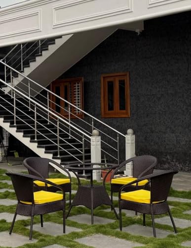 Image of PRATHAM India 4+1 Outdoor Indoor Patio Set Bistro Set Rattan Set Lawn Balcony Hall Outdoor Garden Chair Table Set (Brown Chair & Yellow Cushion)
