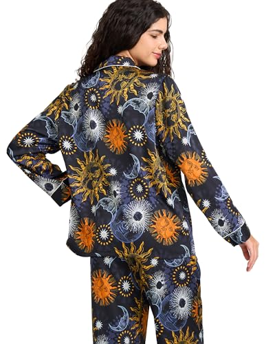 Image of YiNi LuLu Womens Silk Satin Pajamas Set Button Down 2 Piece Pjs Long Sleeve Oversized Sleepwear with Pockets