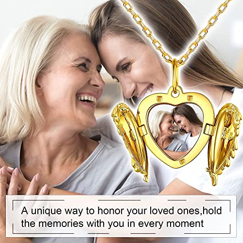 Sterling Silver Heart Locket Necklace For Women, Angel Wings Lockets Necklace For Women That Hold Pictures, Gold/Silver Personalized Engrave Memorial Photo Lockets Pendant For Kids Girl With Chain 12-22In #TOP5