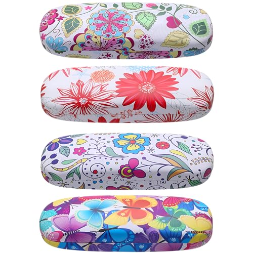Image of 4-Piece Flower Sunglasses Case Set | PU Leather Hard Shell Glasses Box for Women (Floral and Butterfly Design) Fits Large Sunglasses, Reading Glasses and Goggles