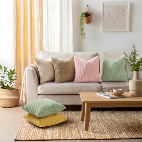 Mecatny Corduroy Decorative Throw Pillow Covers 18x18 Set of 2 for Sofa Living Room, Soft Neutral Boho Couch Pillow Covers for Home Decor, Sage Green