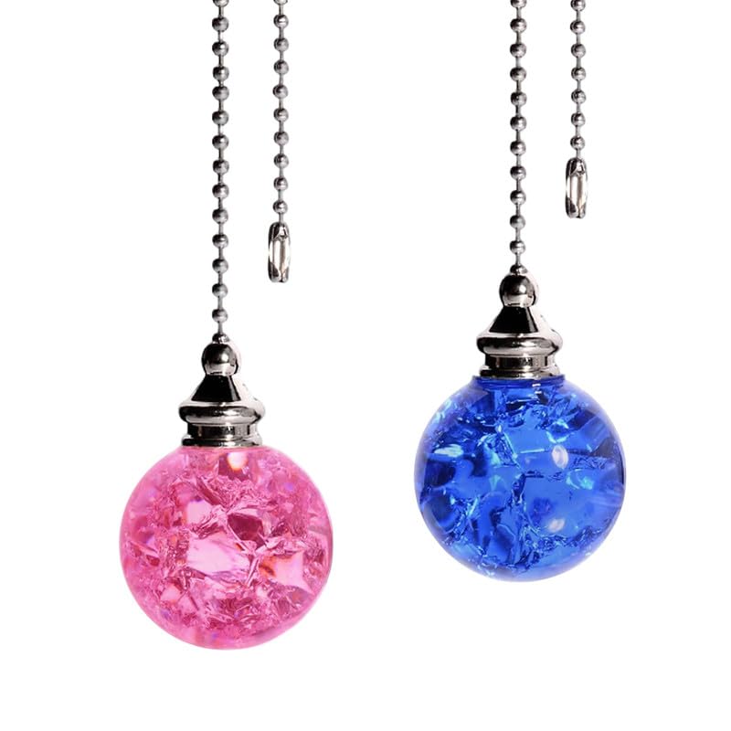 Image of 2pcs Crystal Ceiling Fan Pull Chain Ornament, 12 inch Ball Chain Pink & Blue Fan Light Pulls Decorative Extension with Connector, Sliver Chain