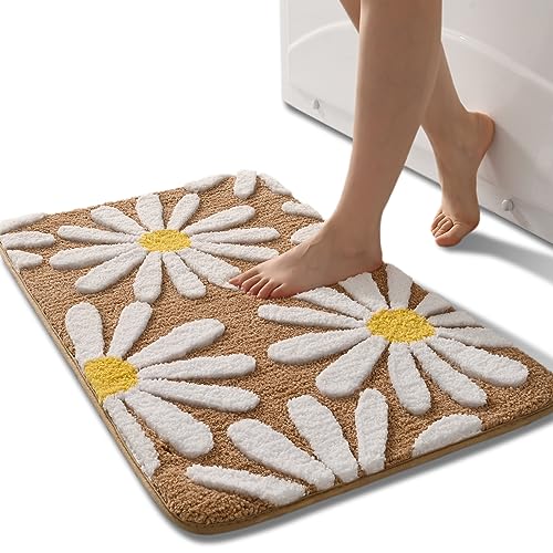 QJHOMO Brown Bathroom Rugs Cute Daisy Bath Mat White and Yellow Flower Decor Rug Non Slip Floor Carpet Microfiber Bathmat Super Absorbent Machine Washable Bathtub Mats for Shower (20x32 inch) by QJHOMO - Used condition - US$20.39