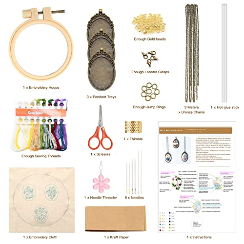 Image of ZOCONE 3 Packs Embroidery Necklace Kit, Embroidery Pendant Kits Mini Cross Stitch Kit with Hoop, Necklace, Pendant, Beads, Stamped Pattern Cloth, Instructions, etc., Embroidery Kits for Adults