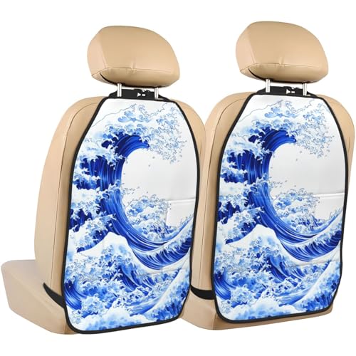 Blue Wawes Of Water Japannese Stamps Style Car Seat Back Kick Protectors,2 Pack Kick Mats With Storage Pockets For Vehicles To Protect From Dirt Mud Scratches