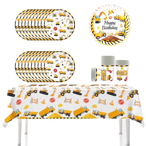 YINcrinx Vajilla para fiestas de camiones de construcción con platos de papel, vasos, manteles, servilletas para fiestas de cumpleaños infantiles, baby showers, ¡hasta 20 invitados!