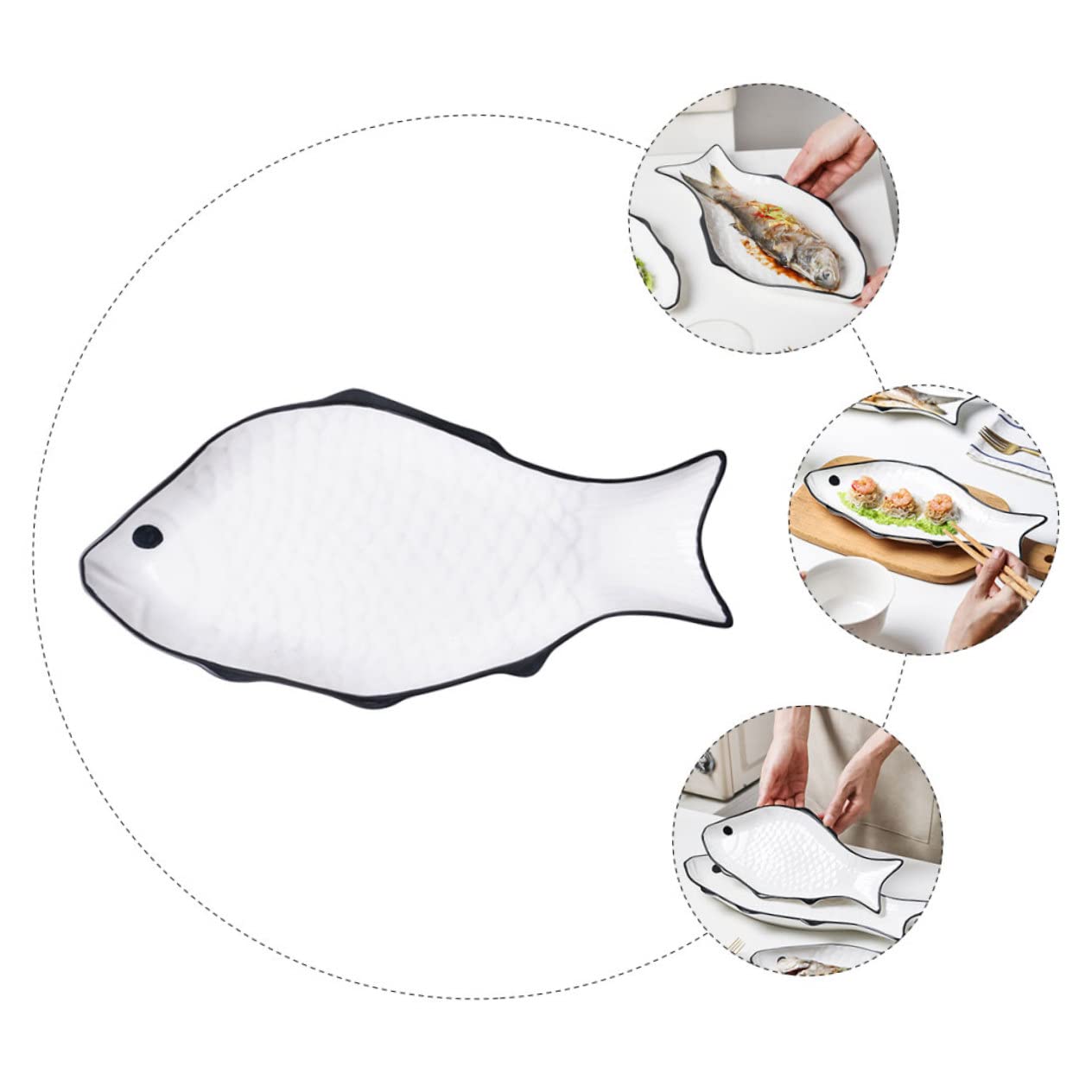 COLLBATH Plato de Cerámica para Pescado al Vapor, Blanco, Forma de Pez | Apto para Microondas, Superficie Lisa, Fácil de Guardar, Uso en Hotel y Hogar
