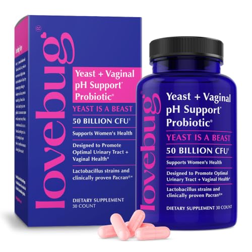 LOVEBUG Yeast + Vaginal pH Support | Clinically Studied Ingredients for Yeast & UTIs | Multi Strain 50 Billion CFU | 60 Capsules