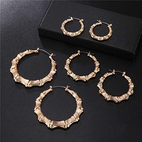 3 Pairs Gold Tone Large Bamboo Style Hoop Earrings for Women Round Circle Statement Hip-Hop Earrings2
