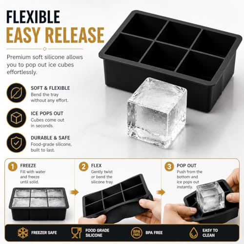 Image of Zollyss Ice Trays for Freezer Silicone | BPA-Free Large Jumbo Ice Cube Maker, Food-Grade Square Ice Cube Tray for Drinks, Cocktails, Coffee & Beverages, Black