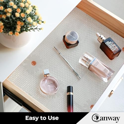 Image of CANWAY (45cm x 10M) Food Grade Non-Slip Drawer & Shelf Mat | Waterproof, Washable Shelf Liner for Kitchen Cabinets, Cupboards, Fridge & Bathroom Shelves | White-Flower