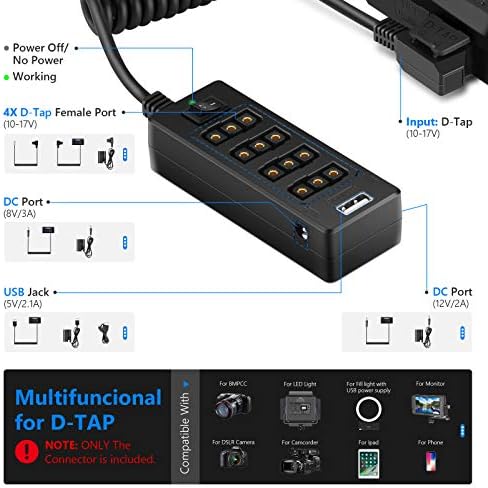 Neewer Cable D-Tap Male to 4-port D-Tap Female Coiled Splitter Cable for V-Mount Battery, Multifunctional Dtap Fourway Splitter with Switch Button/USB Port/8V 12V DC Port for Photography Power
