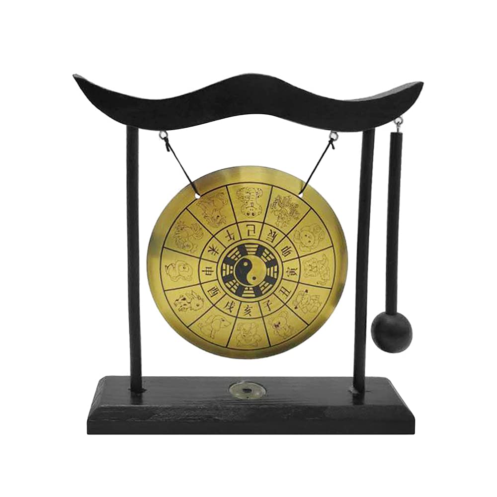 Wakects Mini Gong da Tavolo con Mazza, Strumento a Percussione, Tema Dodici Zodiaci Cinesi, Rame e Legno