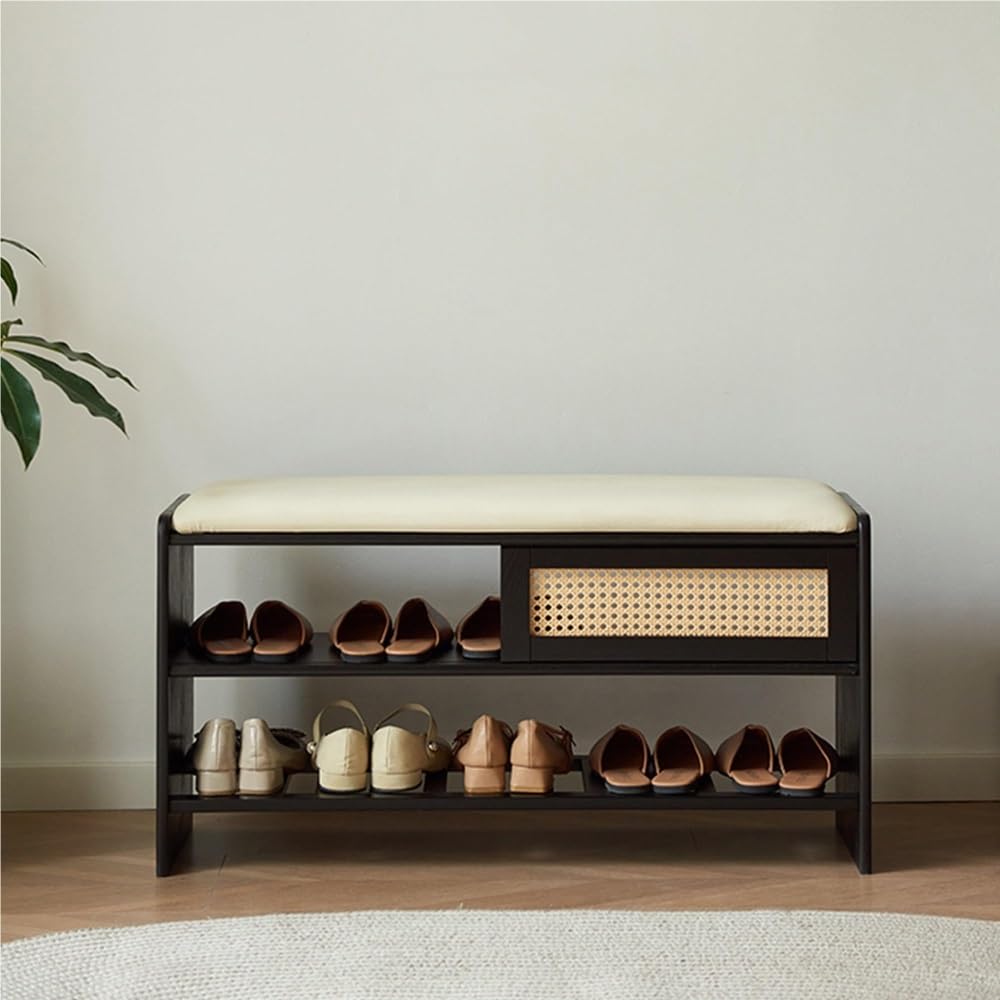 Banc de rangement à chaussures en bois noir avec coussin confortable pour l'entrée