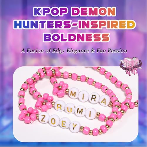 AICase for Kpop Demon Hunters Merch Rumi Zoey Mira Inspired Bracelets 3 Pcs Stackable Stretch Friendship Beaded Bracelets for Huntrix k pop Unique Merchandise Jewelry Gifts for Fans Women Men_Pink2