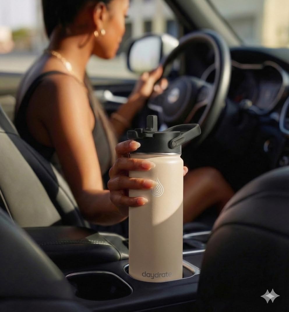 Insulated Metal Water Bottle with Straw 750ml- Stainless Steel Water Bottle, BPA Free, Lid Straw & Spout, Leakproof, 24 Hours Cold & Hot, Work, Travel, Gym Bottle for Men & Women - Sandstone -Daydrate - 4