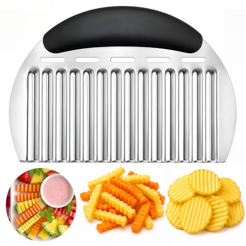 JAYVAR Large Crinkle Cutter French Fry Cutter, Large Crinkle Potato Slicer Wavy Chopper, Stainless Steel Wavy Slicer Crinkle Cutting Chopping Tools with Handle for Carrot Vegetable