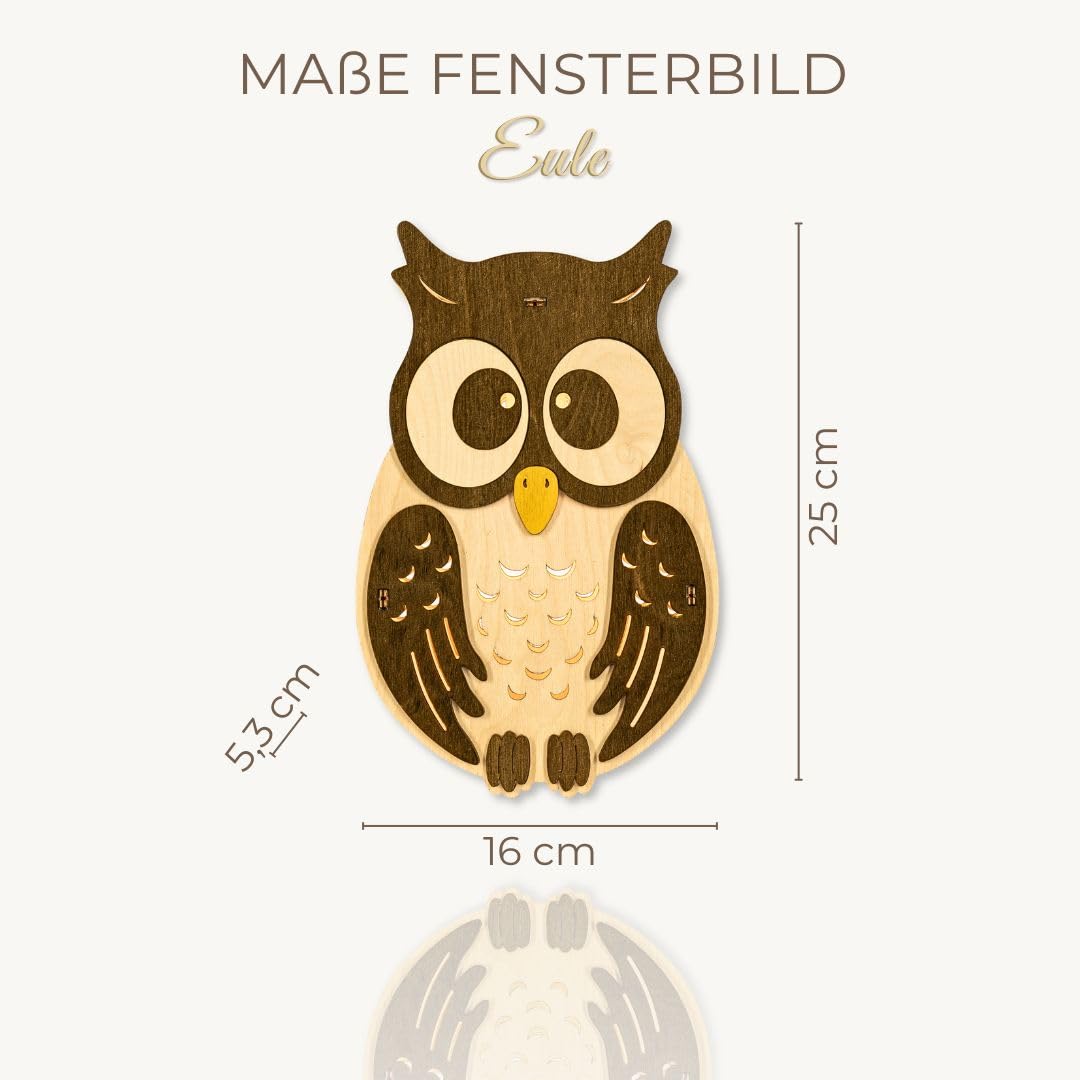 weigla - Fensterbild original Erzgebirge Eule I Herbstdeko Fenster I 1 Lampe I 7 W, E14 I Deko Fensterbild I Herbstbeleuchtung Holz I Fensterdeko hängend