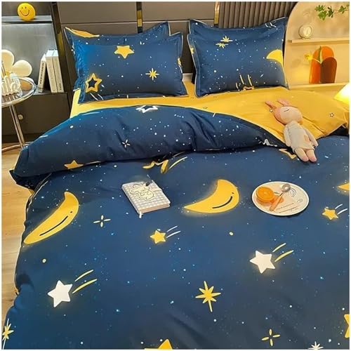 Image of Famyo King Size Bedsheet Set with 2 Pillow Covers, 250 TC Fitted Bedsheet & Comforter Cover (4pc Set) - Home Decor, 72x78 inches Kids Bed Sheet, Cute Moon & Stars Design - Blue, Yellow | 4-Piece Set, 250 TC Fitted Bedsheet, Comforter Cover & 2 Pillow Covers, 72 x 78 in, Blue & Yellow Kids Bedding