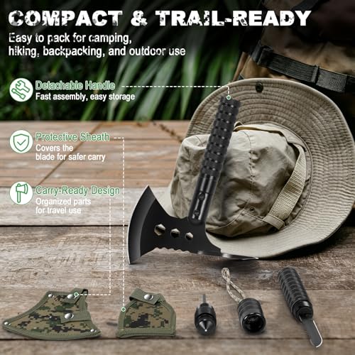 17.7" Portable Survival Axe & Camping Hatchet, Stainless Multitool Tomahawk w/Detachable Handle, Knife, Hoe, Flint, Whistle & Compass for Hiking, Backpacking, Emergency Gear - image 5